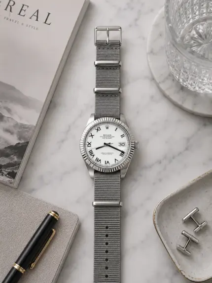 Graues Nylon NATO Strap von vild Hamburg an einer Rolex Datejust 41 Ref. 126334 White Roman, fotografiert von oben auf dekoriertem Tisch mit Accessoires