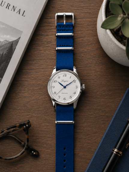 Blue fabric NATO strap by vild Hamburg, mounted on a Longines Heritage Classic and photographed from above on a decorated table