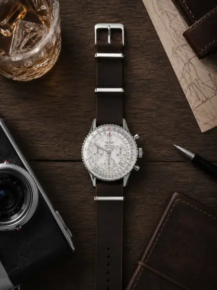 Dunkelbraunes Leder NATO Strap von vild Hamburg, montiert an einer Breitling Navitimer Ref. A23322 und von oben mit stilvoller Dekoration fotografiert