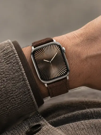 Handgelenk von einem Mann mit Cardigan Ärmel in Braun. Er trägt eine silberne Apple Watch am Handgelenk mit einem dunkelbraunen Wildlederarmband von vild.