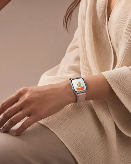 Frau in hellem strukturiertem lose-fit Top sitzt und trägt eine silberne Apple Watch mit rosa Wildlederarmband von vild.