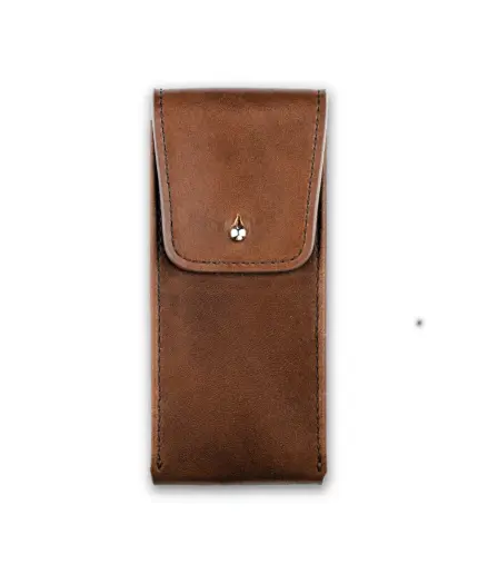 Brown leather watch case, primary view from the front and top on a white background