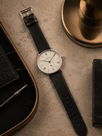 Black leather strap by vild Hamburg, mounted on a NOMOS Ludwig watch and photographed from above with matching decorations