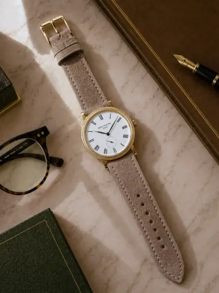 Suede bracelet in grey and beige by vild Hamburg, mounted on a Patek Philippe Calatrava and shown decoratively from above.