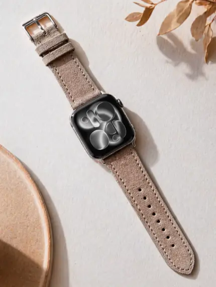 Apple Watch Wildleder Armband grau beige von vild Hamburg, montiert an der Uhr und von oben mit Dekoration gezeigt