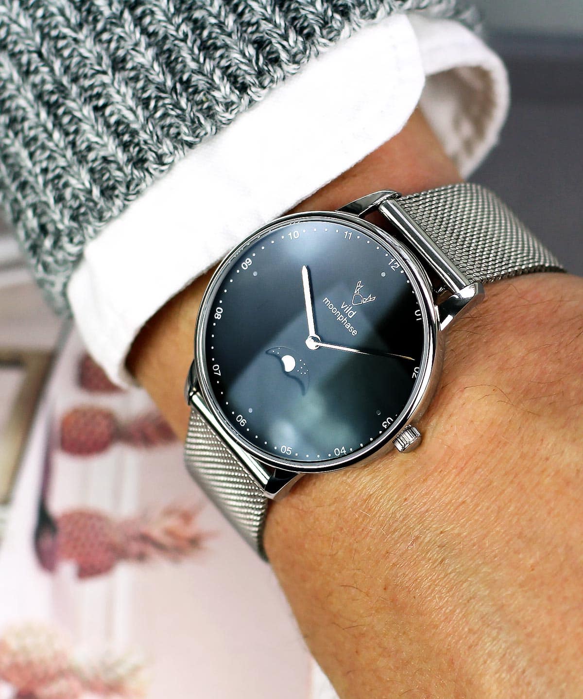 vild moon phase watch silver on the wrist