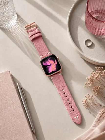 Apple Watch vintage suede strap in pink from vild Hamburg, mounted on the watch and photographed from above with matching decoration.
