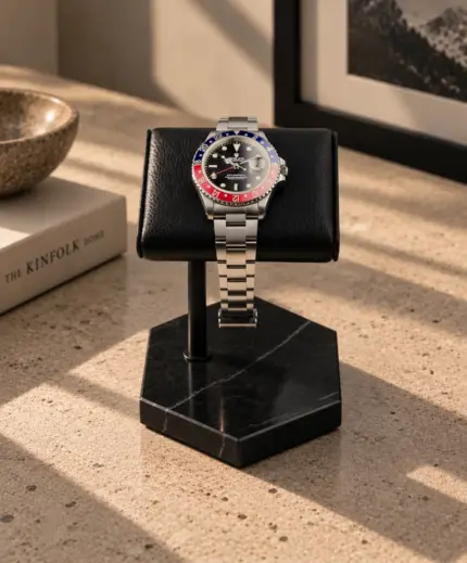 Marble watch stand in all black on a stone table with a vintage Rolex GMT Master II Pepsi watch resting on it.