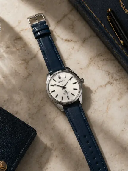 Lederarmband Admiral von vild Hamburg, an einer Grand Seiko 44GS montiert und dekorativ von oben fotografiert