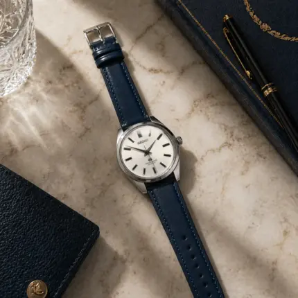 Admiral leather strap by vild Hamburg, mounted on a Grand Seiko 44GS and photographed decoratively from above.