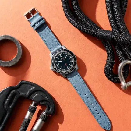 Atlantic leather strap by vild Hamburg, mounted on a Sinn EZM 3 and shown from above with matching decoration