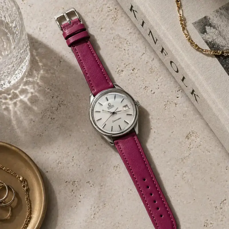 Lederarmband Fuchsia von vild Hamburg, an einer Omega Seamaster Vintage montiert und von oben mit Dekoration gezeigt