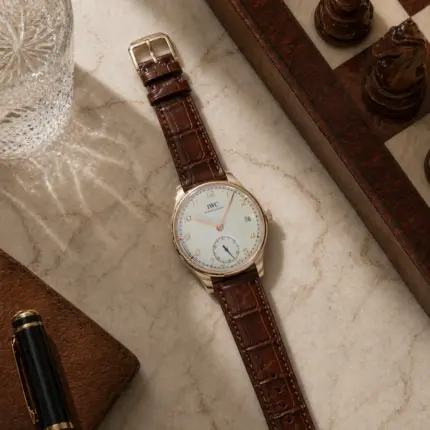 Crocodile leather strap in brown from vild Hamburg, mounted on an IWC Portugieser and photographed decoratively from above.