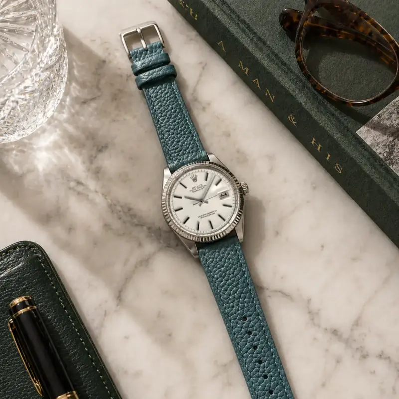 Lederarmband Petrol von vild Hamburg, an einer Rolex Datejust montiert und von oben mit Dekoration fotografiert