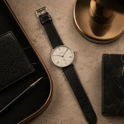 Black leather strap by vild Hamburg, mounted on a NOMOS Ludwig watch and photographed from above with matching decorations