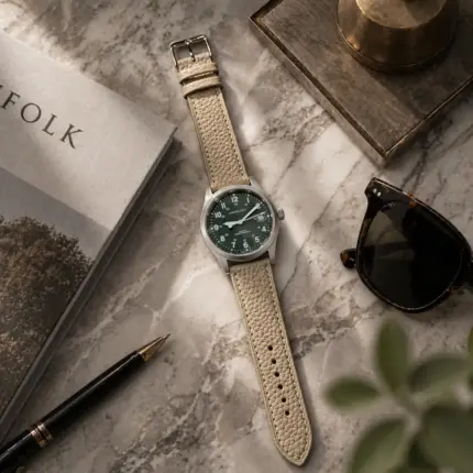 Taupe leather bracelet by vild Hamburg, mounted on a Hamilton Khaki Field and shown decoratively from above.