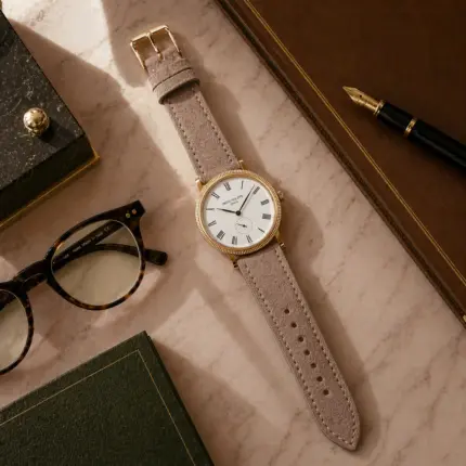 Suede bracelet in grey and beige by vild Hamburg, mounted on a Patek Philippe Calatrava and shown decoratively from above.