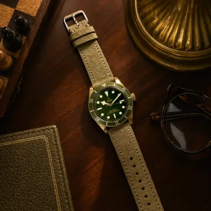 Olive suede strap by vild Hamburg, mounted on a Tudor Black Bay Fifty-Eight and photographed decoratively from above.