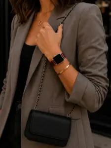 Frau in grauem Blazer und schwarzer Handtasche trägt eine silberne Apple Watch mit rotem Lederarmband von vild.