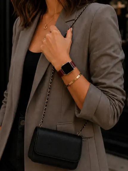 Frau in grauem Blazer und schwarzer Handtasche trägt eine silberne Apple Watch mit rotem Lederarmband von vild.