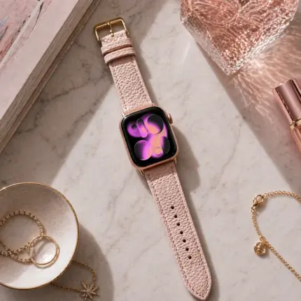 Apple Watch Lederarmband rosa gold von vild Hamburg, an der Uhr montiert und von oben mit stilvoller Dekoration fotografiert