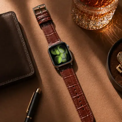 Apple Watch Kroko Lederarmband braun von vild Hamburg, montiert an der Uhr mit passender Dekoration in der Draufsicht