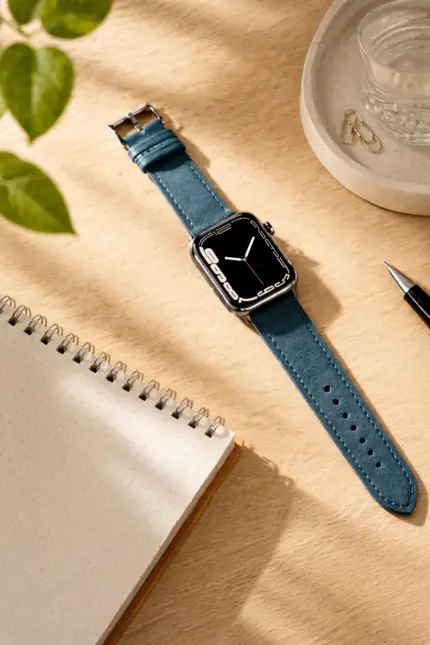 Apple Watch Lederarmband atlantik blau von vild Hamburg, an der Uhr montiert und von oben mit passender Dekoration gezeigt