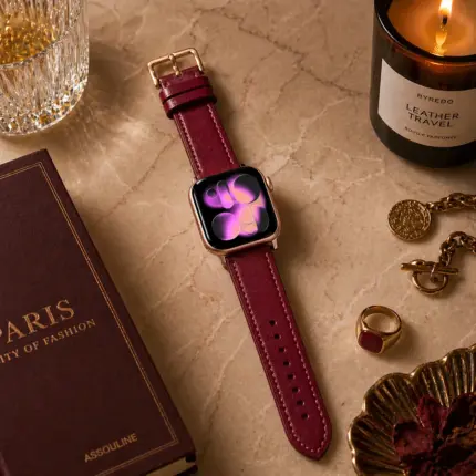Apple Watch Lederarmband dunkelrot von vild Hamburg, an der Uhr montiert und von oben mit passender Marmortisch-Dekoration fotografiert