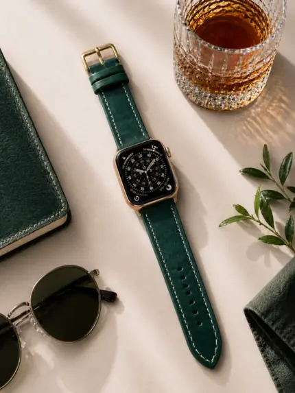 Apple Watch leather strap in green from vild Hamburg, mounted on the watch and photographed from above with matching decoration