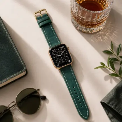 Apple Watch Lederarmband grün von vild Hamburg, an der Uhr montiert und von oben mit passender Dekoration fotografiert