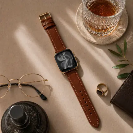 Apple Watch Lederarmband khaki braun von vild Hamburg, montiert an der Uhr mit passender Dekoration von oben