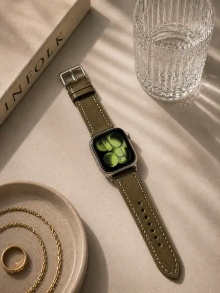 Apple Watch olive leather strap by vild Hamburg, mounted on the watch and shown from above with coffee table book decoration