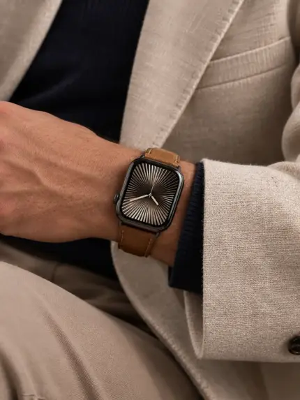 Mann in hellem Jacket und dunkelblauem Shirt sitzt und trägt eine schwarze Apple Watch mit braunem Lederarmband von vild.