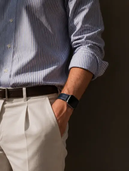 Mann mit Hemd und Chino steht vor Wand und trägt eine silberne Apple Watch mit dunkelblauem Lederarmband von vild Hamburg.