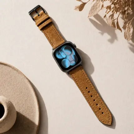 Apple Watch suede strap in amber, yellow, and brown by vild Hamburg, mounted on the watch with matching decoration from above.