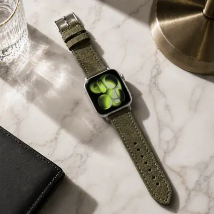 Apple Watch suede strap in olive green by vild Hamburg, mounted on the watch with matching decoration from above.