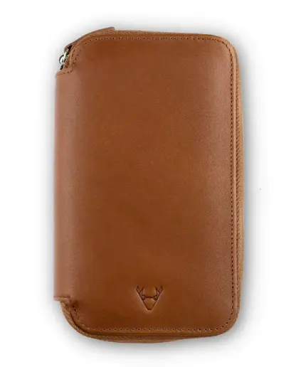 Front view of a caramel brown leather watch case for 2 watches on a white background.