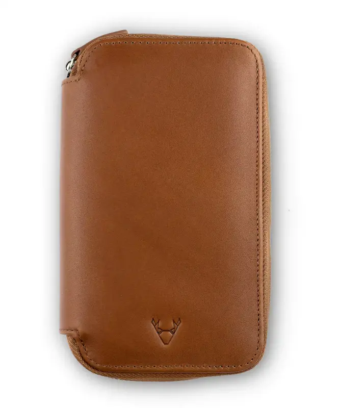 Front view of a caramel brown leather watch case for 2 watches on a white background.