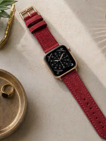Apple Watch Wildleder Armband dunkelrot von vild Hamburg, montiert an der Uhr und dekorativ von oben fotografiert