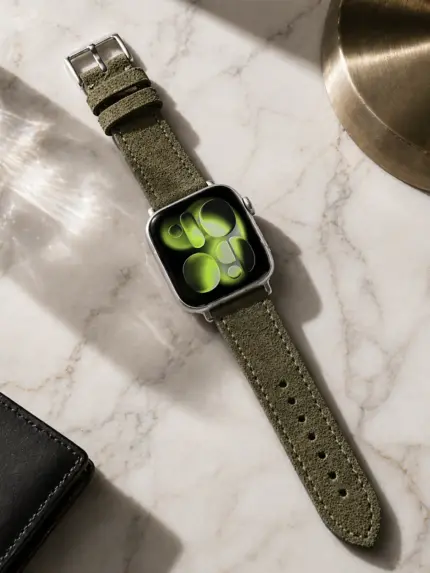 Apple Watch Wildleder Armband oliv von vild Hamburg, montiert an der Uhr mit passender Dekoration von oben