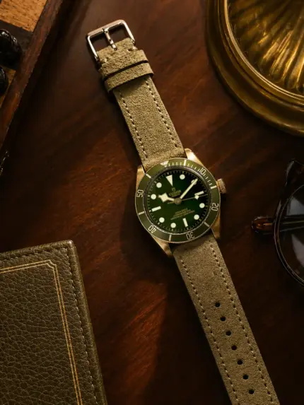 Olive suede strap by vild Hamburg, mounted on a Tudor Black Bay Fifty-Eight and photographed decoratively from above.