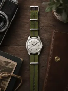Oliv grün gestreiftes Stoff NATO Strap von vild Hamburg, montiert an einer Omega Seamaster Vintage und von oben mit stilvoller Dekoration aufgenommen