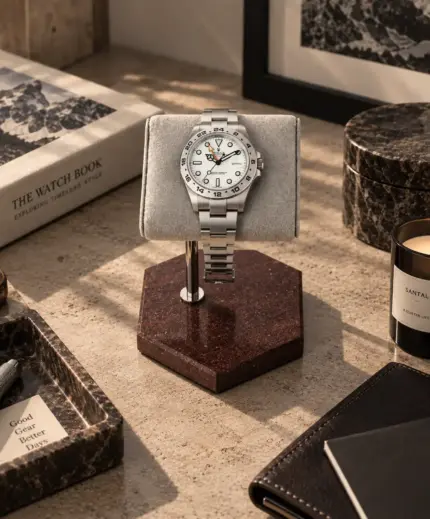 Watch stand with red marble and grey cushion, and Rolex Explorer II resting on a stone table with decorations