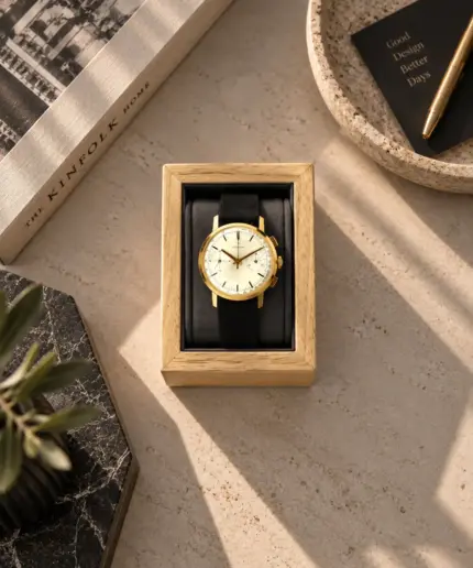 Wooden watch holder in oak brown and dark grey cushion with Zenith gold chronograph placed on a stone table with decoration.