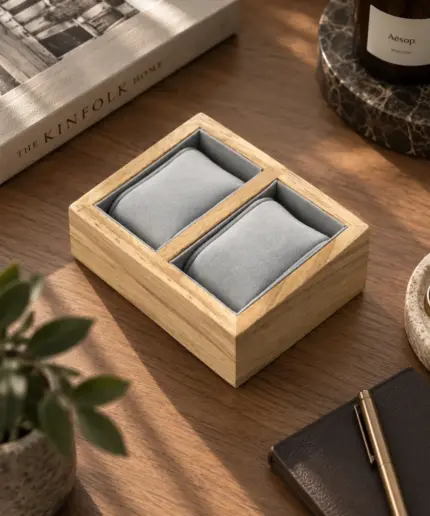 Wooden clock holder in oak brown and 2 light grey cushions on a wooden table with decoration.