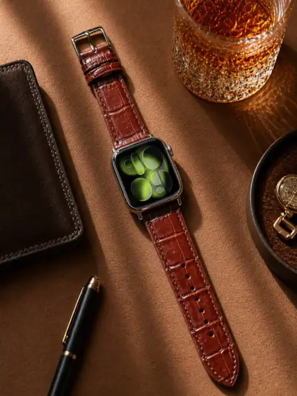 Apple Watch crocodile leather strap, brown, by vild Hamburg, mounted on the watch with matching decoration, top view.