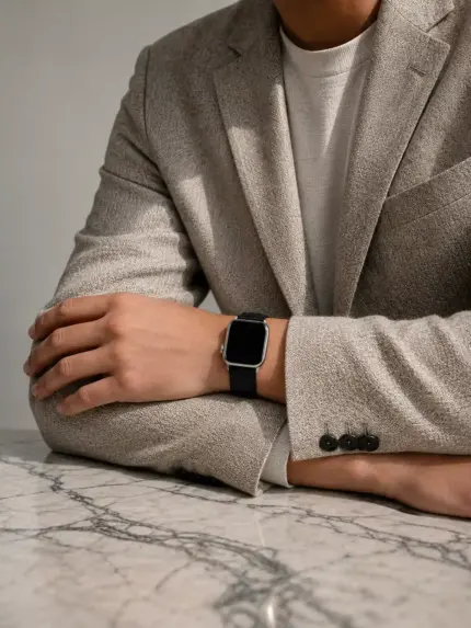 Mann in hellem Jacket und weißem T-Shirt sitzt an einem Marmor Tisch und trägt eine silberne Apple Watch mit schwarzem Kroko Lederarmband von vild.