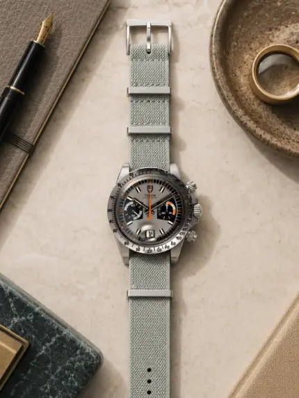 Graues Textil NATO Strap von vild Hamburg, an einer Tudor Oysterdate Chronograph Monte Carlo montiert und von oben mit Brille und Deko fotografiert