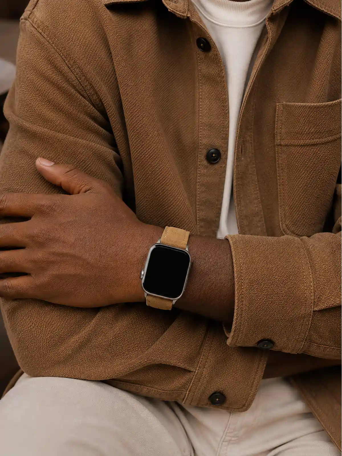 apple-watch-silver-suede-band-yellow-brown-wrist-man-vild-hamburg A man in a light brown fabric jacket and white T-shirt sits and wears a silver Apple Watch with a light brown suede strap by vild.