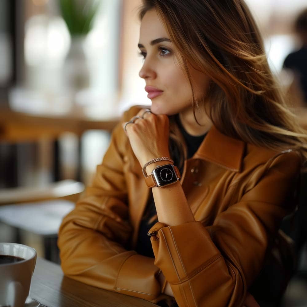 Frau sitzt in Cade mit braunem Ledermantel und trägt Apple Watch mit Karamell-braunem Lederarmband von vild Hamburg